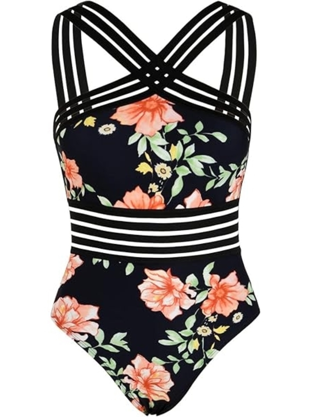 Black Floral Strappy One-Piece Swimsuit Size L
